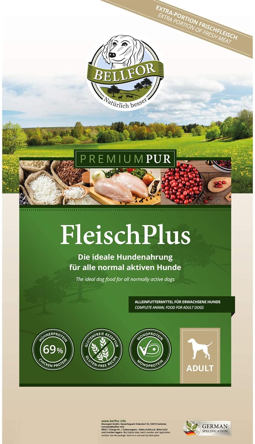 Bellfor Premium PUR FleischPlus Glutefrei Hundefutter mit Hohem Fleischanteil 10 kg - Die ideale Nah