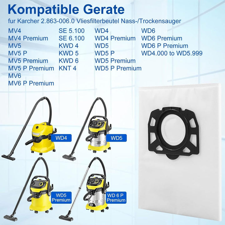 Fishoney 10 Stück KFI 487 Staubsaugerbeutel für Kärcher WD4 WD5 WD6 WD5P WD6P MV4 MV5 MV6 Vliesfilte