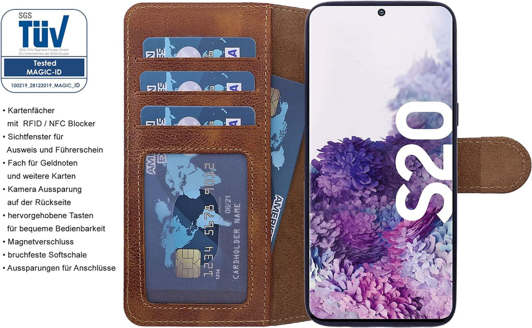 Burkley Handyhülle mit Ständer und Kartenfach für Samsung Galaxy S20+ Leder Handytasche mit Magnetve