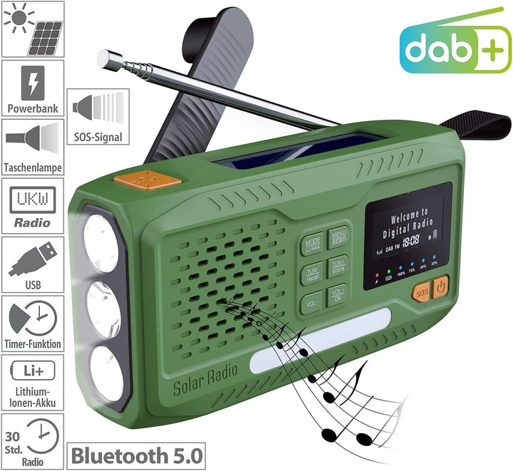 infactory Notfallradio: Mobiles DAB+-Kurbelradio mit EWF, Solarpanel, LED, USB, Bluetooth 5 (Radios,