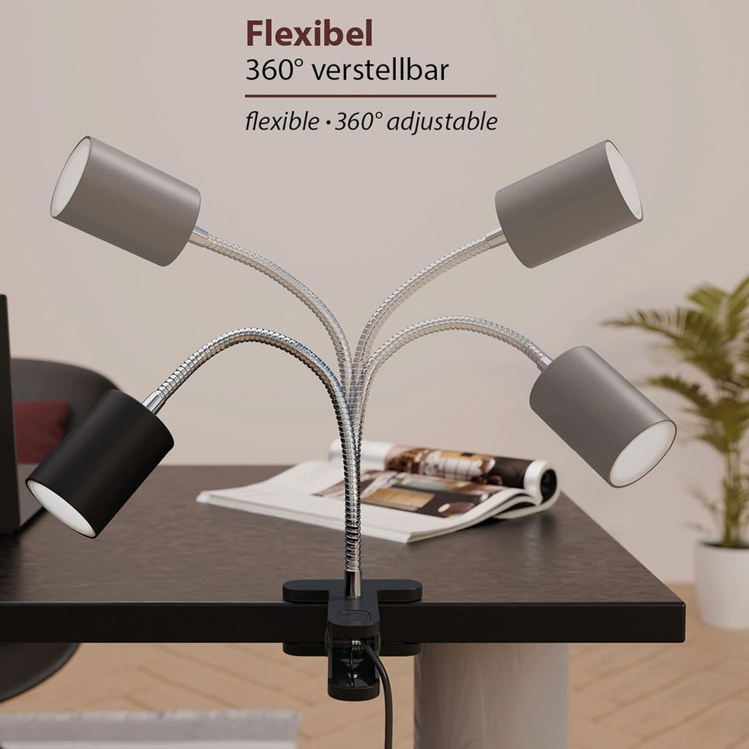 ledscom.de Klemmleuchte WAIKA Schwanenhals und Schalter schwarz matt + GU10 LED, PAR16, warmweiss, 6