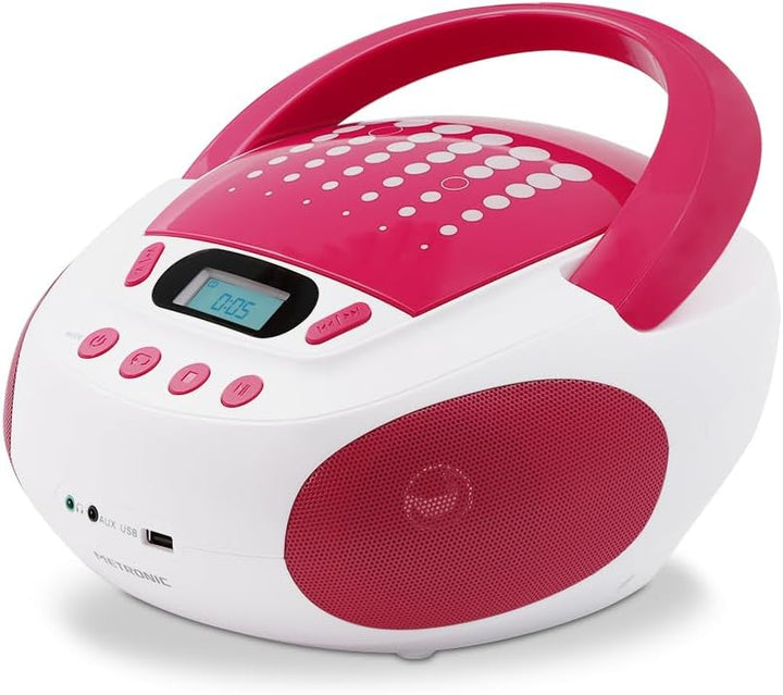 Metronic CD-Player für Kinder, MP3, Pop Pink, mit USB-Port, Stromversorgung oder Batterien, Weiss un