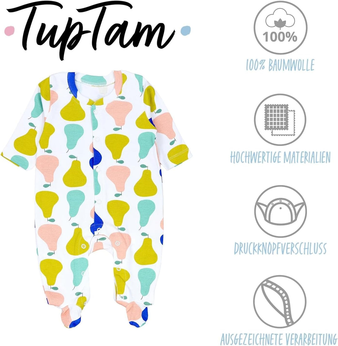 TupTam Baby Mädchen Schlafstrampler mit Fuss 3er Pack 50 Blau Aprikose Streifen Früchte, 50 Blau Apr