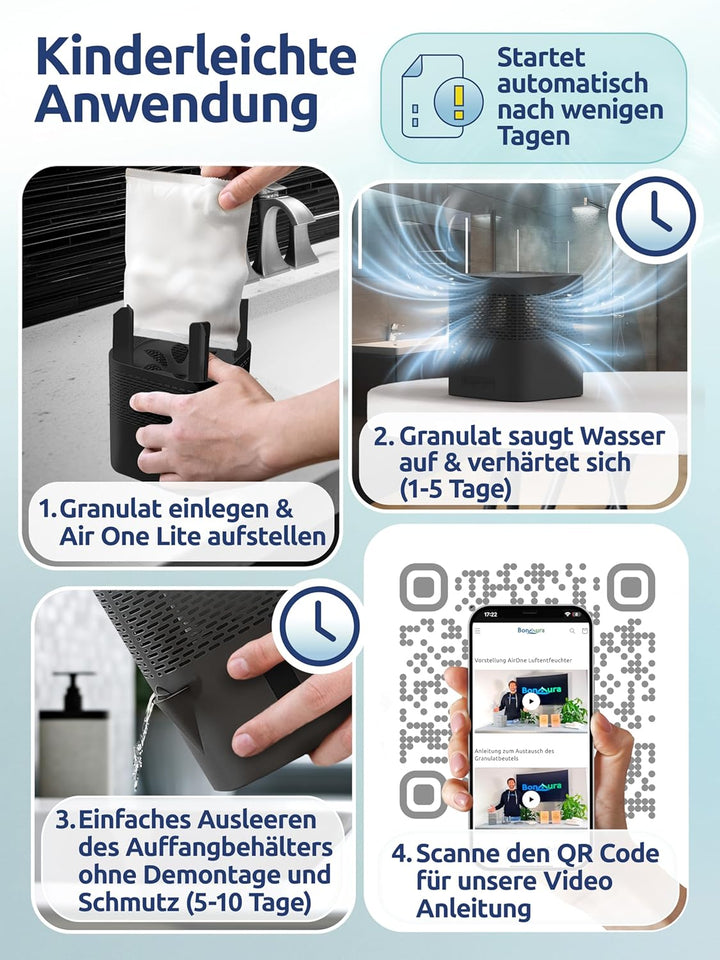 BonAura® AirOne Lite Luftentfeuchter ohne Strom mit 360° Belüftung I Raumentfeuchter mit Ausgiesser
