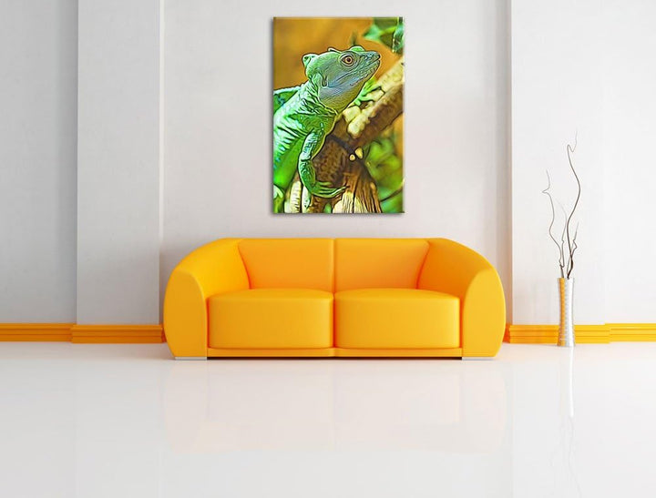 grünes Chamäleon Deluxe Format: 100x70 cm auf Leinwand, XXL riesige Bilder fertig gerahmt mit Keilra