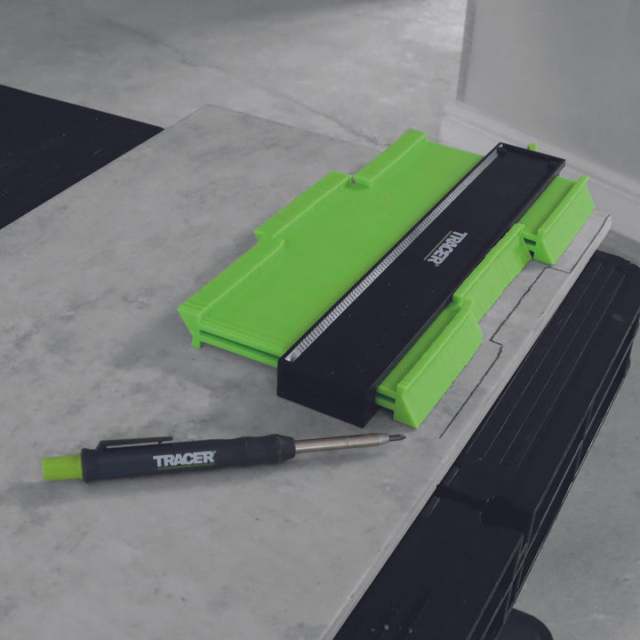 TRACER Konturenlehre x 2 und Tieflochmarker Bleistift. 130mm und 250mm Konturenlehre mit Feststeller