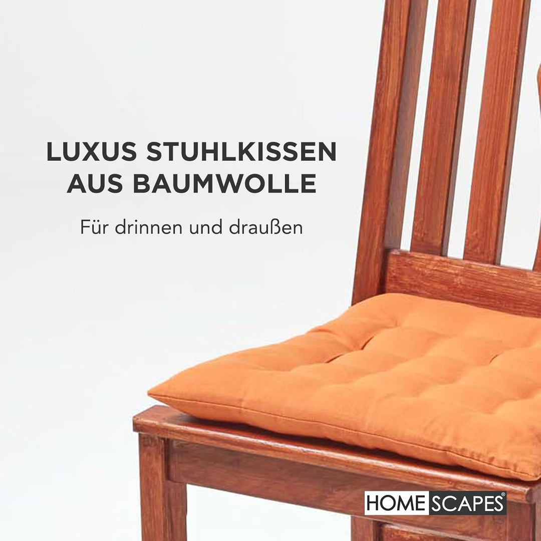 Homescapes 4er Set Stuhlkissen 40 x 40 cm, Terracotta-orange, Sitzkissen mit Bändern und Knopfversch