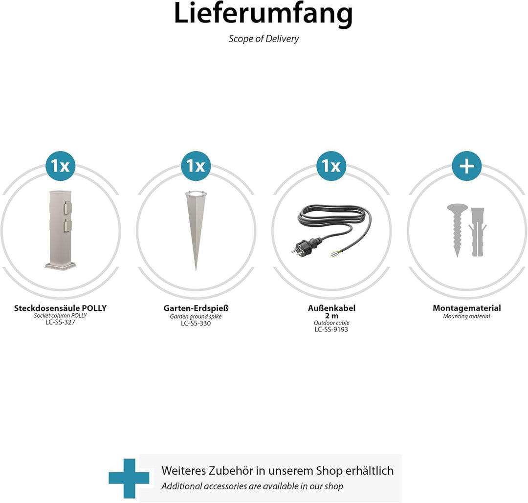ledscom.de Garten-Steckdosen-Säule Polly mit Erdspiess und 2m Kabel für aussen, 4-Fach, Edelstahl, e