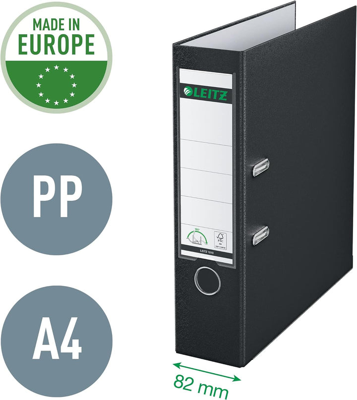 Leitz Qualitäts-Ordner 180° Plastik, 20er Pack, A4, Schwarz, 8,2 cm Rückenbreite, PP-laminierter Ein