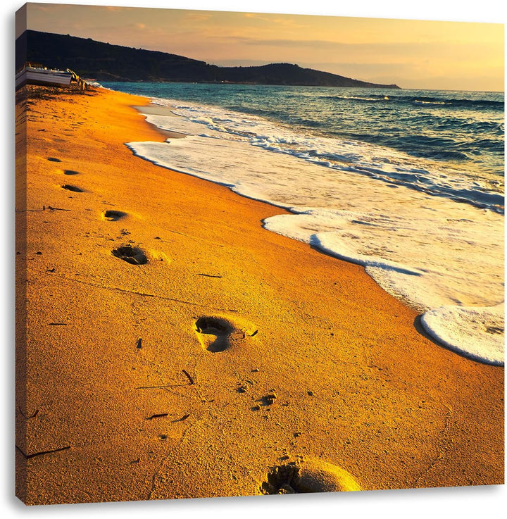 Fussabdrücke im Strand, Format: 70x70 auf Leinwand, XXL riesige Bilder fertig gerahmt mit Keilrahmen