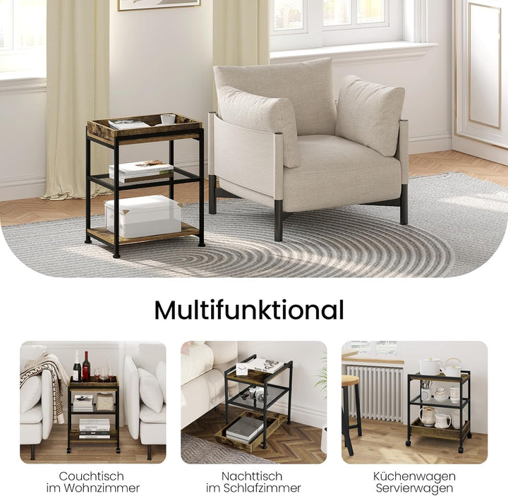 WOLTU Beistelltisch Couchtisch Sofatisch Nachttisch, mit Rollen, feststellbar, 3 Ablagen 1 abnehmbar