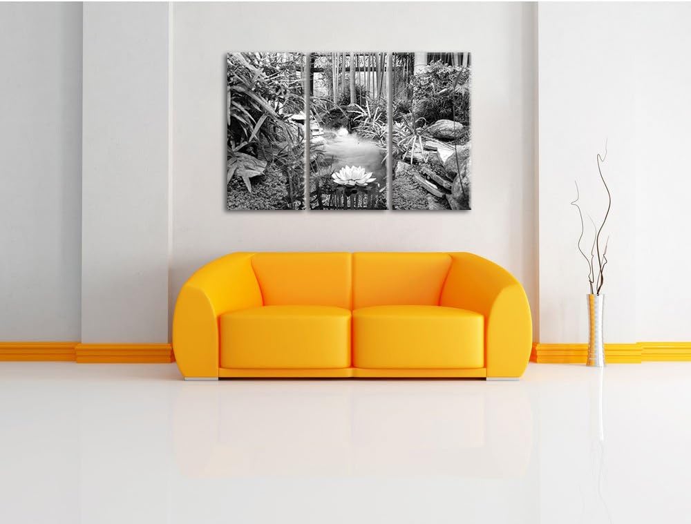 Pixxprint Zen Garten Japan Kunst B&W / 3-Teilig/Gesamtmass 120cm Leinwandbild bespannt auf Holzrahme