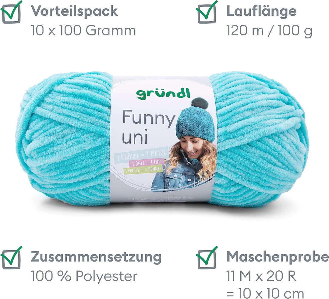 Gründl Funny uni Strick- & Häkelgarn (samtartiges Chenille-Garn aus 100 % Polyester, 10 x 100 g / 12