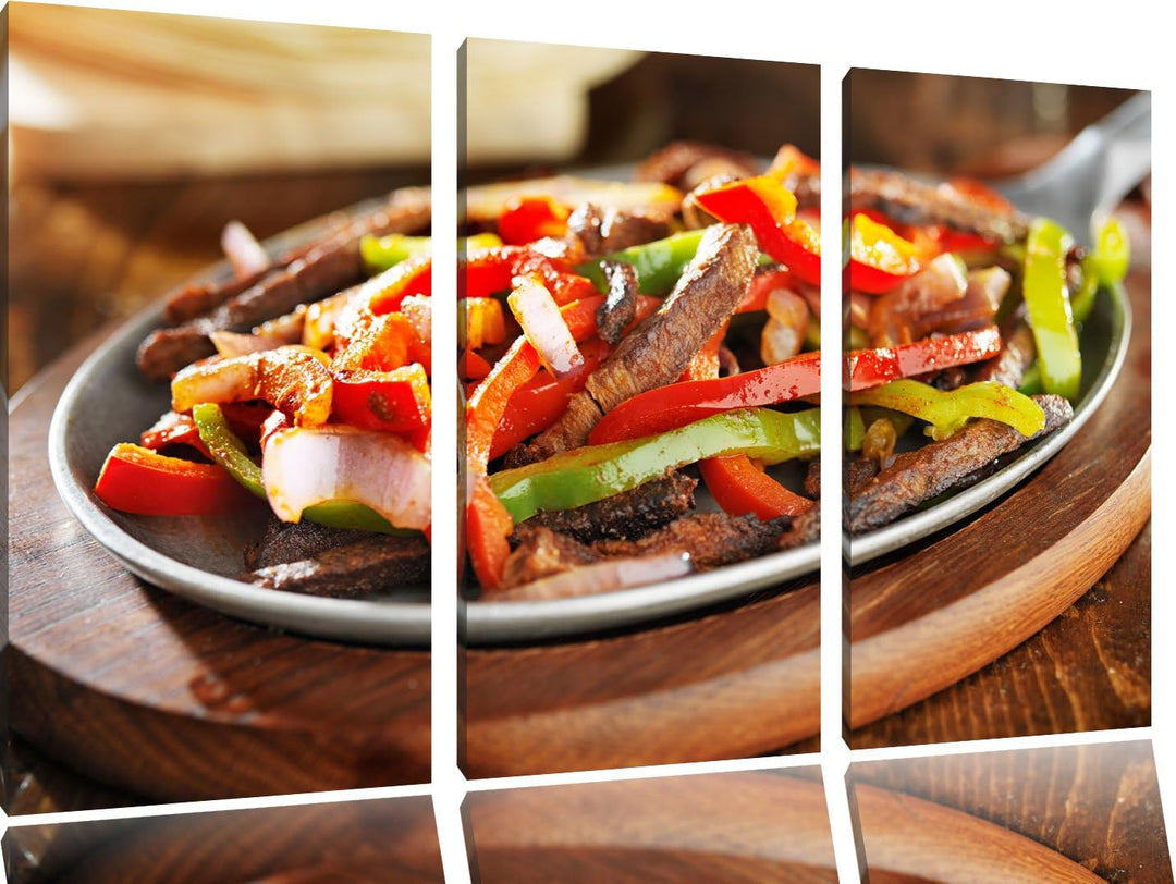 Fleischpfanne mit Paprika als 3-Teiler Leinwandbild 120x80 Bild auf Leinwand, XXL riesige Bilder fer