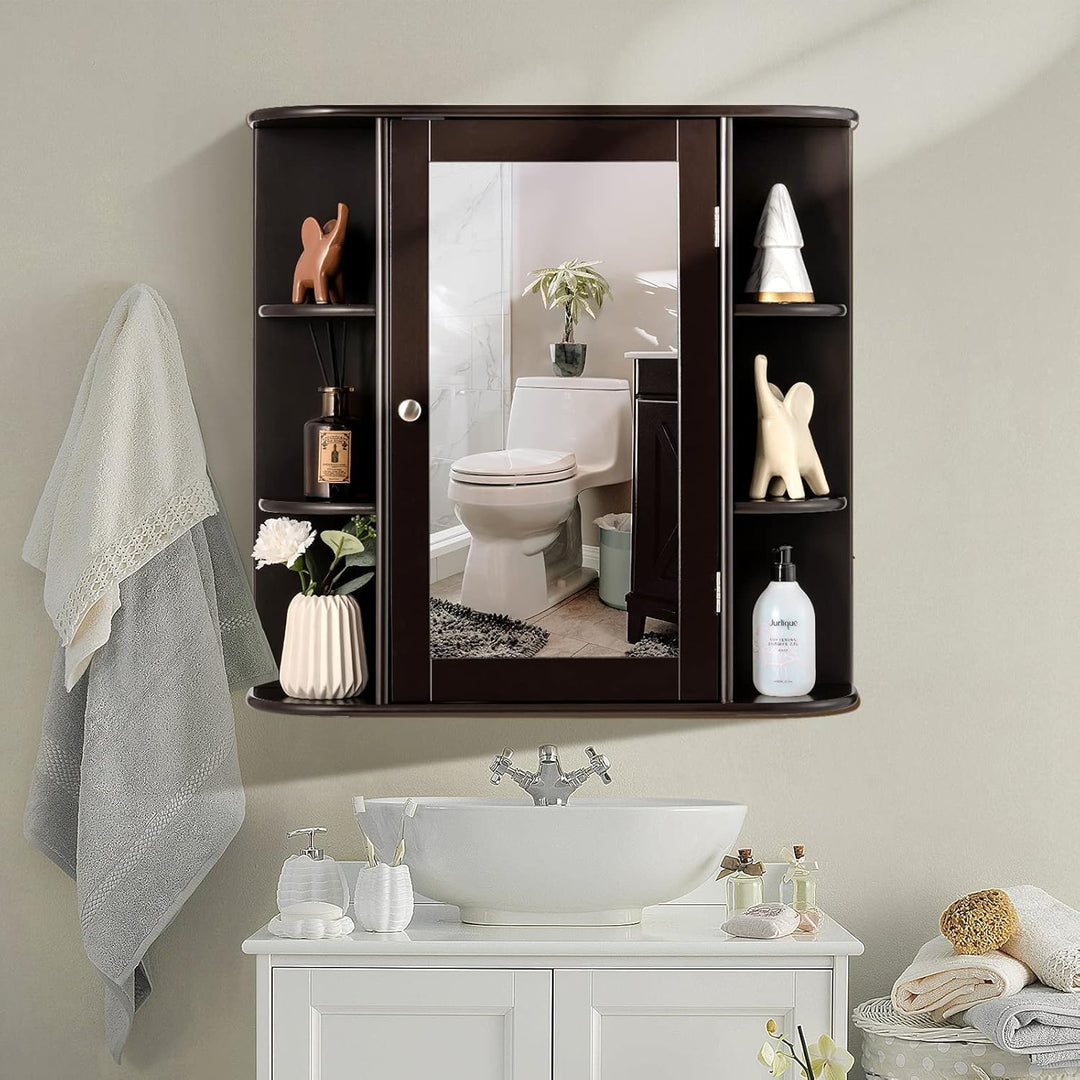 COSTWAY Spiegelschrank Bad, 4 Fächer & 6 offene Ablagen, Badezimmerschrank mit Spiegel, Badschrank h