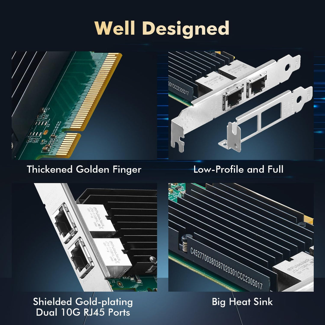 Binardat 2 Port 10G Ethernet PCIe Netzwerk Adapter, Intel X540 Chip LAN Controller, 10G/1G/100Mbps E