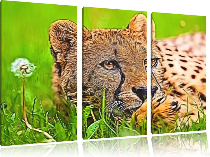 Gepard im Gras Spezial 3-Teiler Leinwandbild 120x80 Bild auf Leinwand, XXL riesige Bilder fertig ger