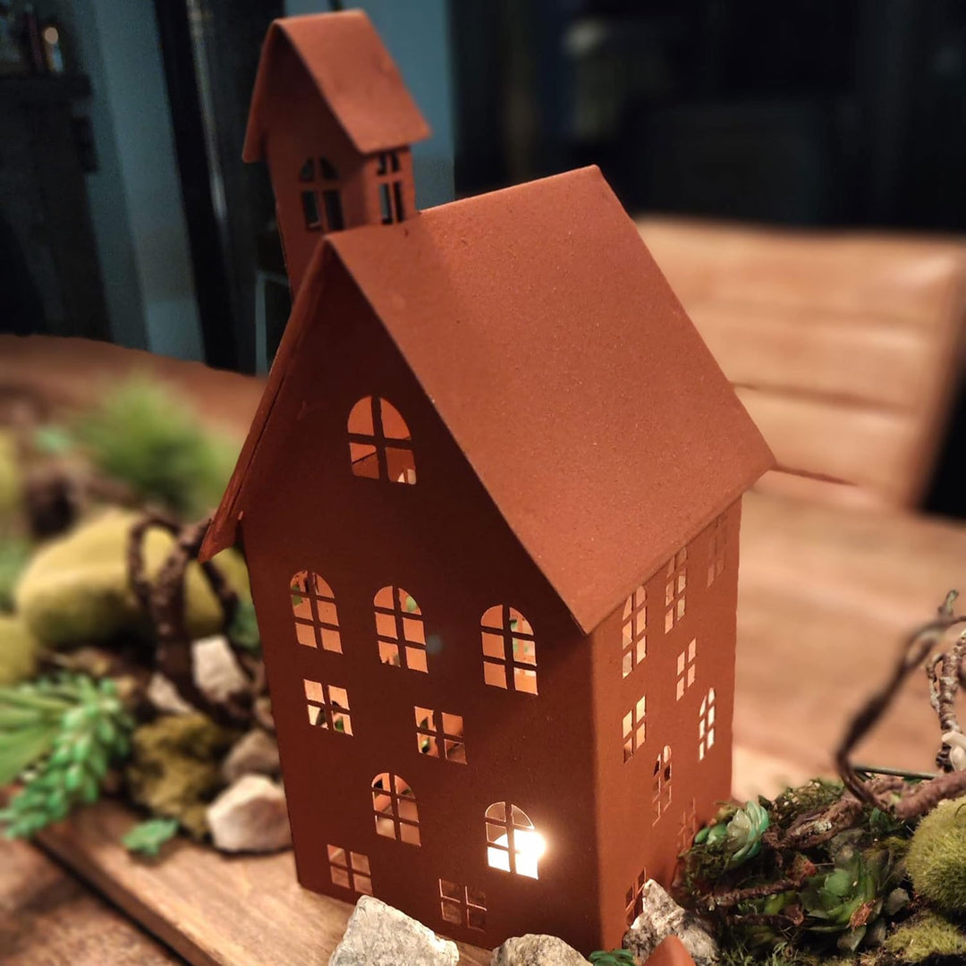 UNUS Deko Häuser 5er Set, Lichthäuser aus Metall für Garten, Terrasse, Balkon oder Zuhause (Rost), R