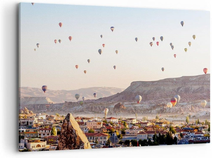 Bilder auf Leinwand 100x70cm Leinwandbild mit Rahmen Berge Ballon Flug Gross Wanddeko Bild Schlafzim