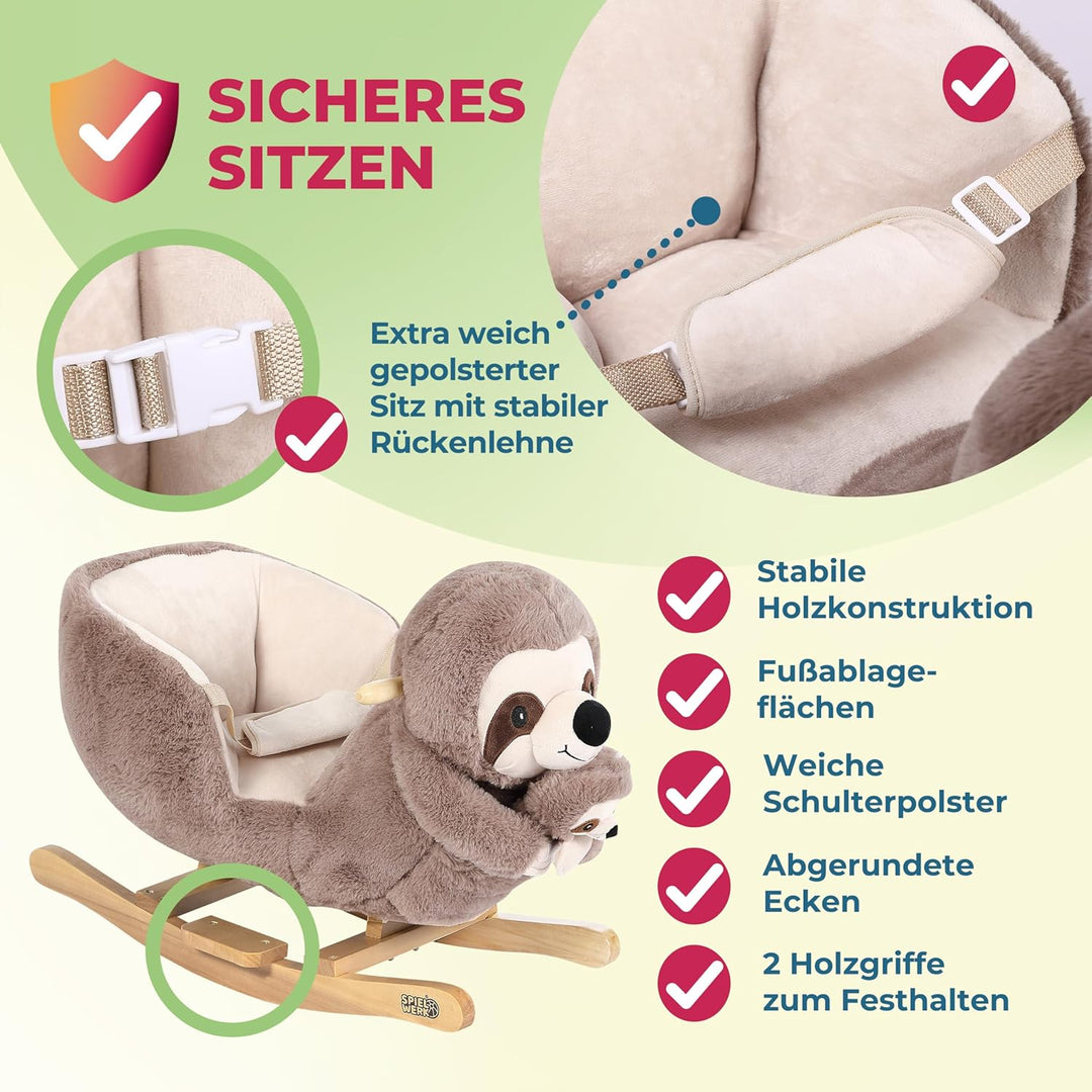 Spielwerk® Schaukeltier Faultier mit Babyfaultier inkl. Sound Effekt Sicherheitsgurt Plüsch Schaukel