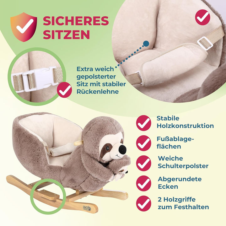 Spielwerk® Schaukeltier Faultier mit Babyfaultier inkl. Sound Effekt Sicherheitsgurt Plüsch Schaukel