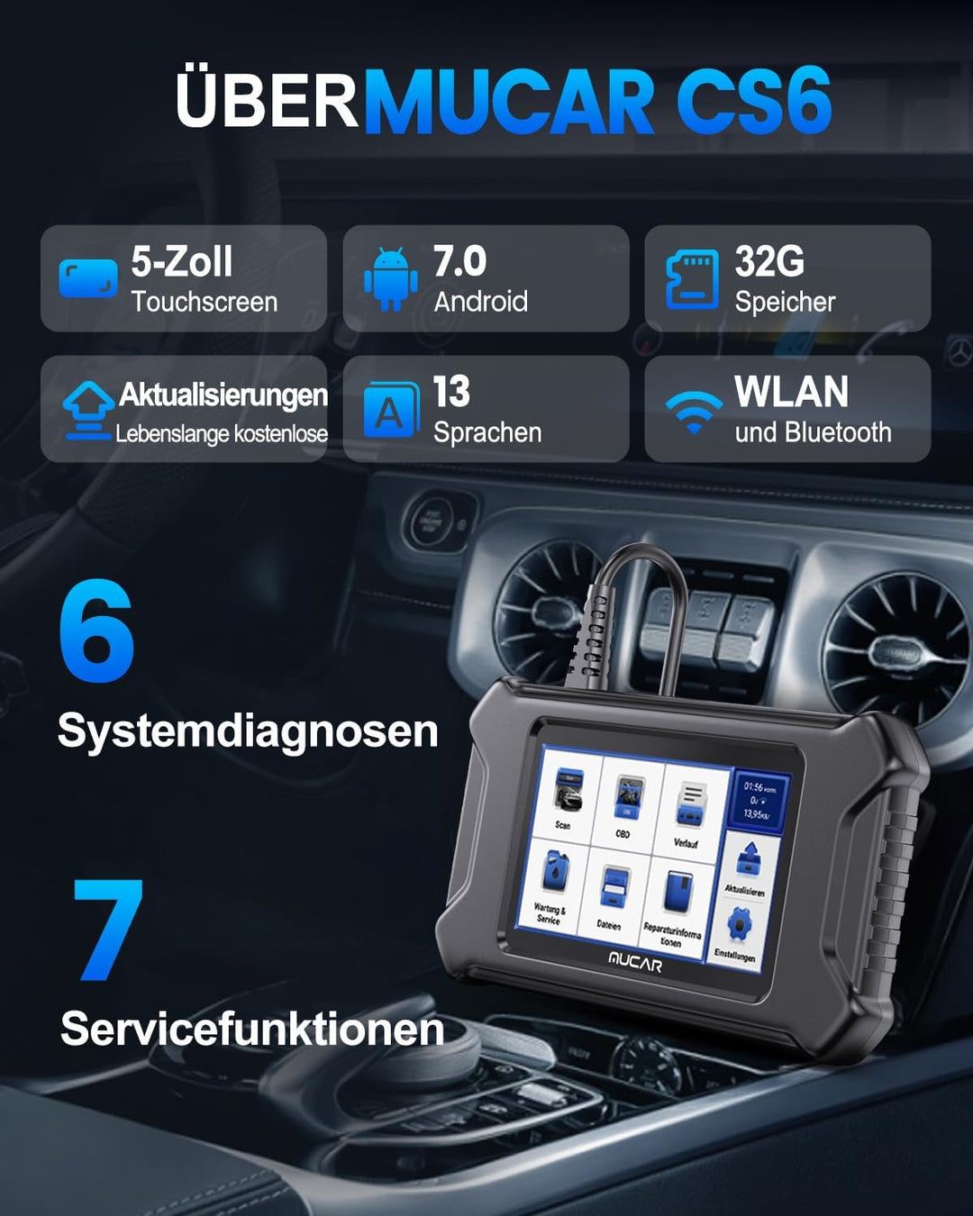 Diagnosegerät Auto, MUCAR CS6 Auto Auslesegerät Mit 6 Systemdiagnosen (ECM/TCM/ABS/SRS/TPMS/BCM) + 7