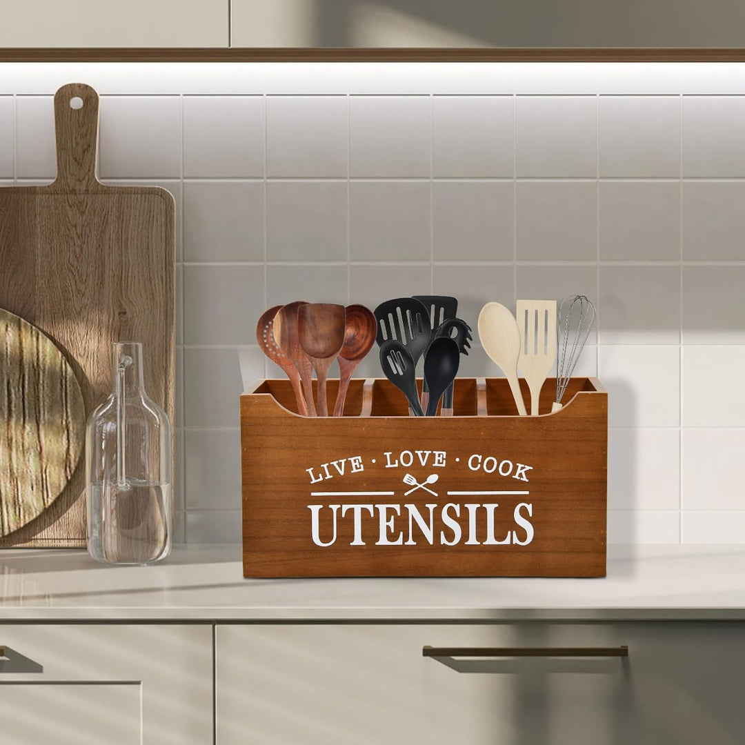 Karisky Kitchen Utensilhalter mit Drainageboden, grosse 3 Fächer fester echtes Holz Utensil Organize