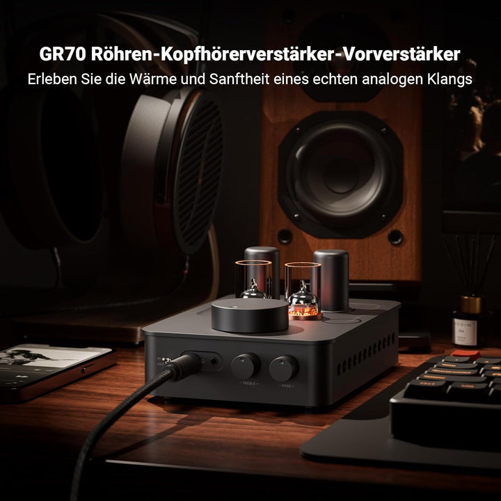 Fosi Audio GR70 Röhren Kopfhörer Verstärker, Authentische Röhren-Verstärkung Preamp mit Vakuum, Mini