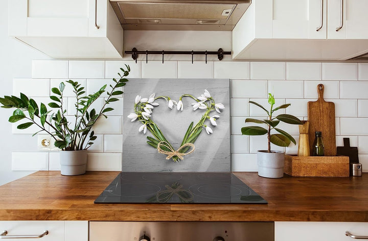 Herz aus Blumen Herdabdeckplatte & Spritzschutz aus Echtglas | Für Herd-Kochfelder | 60x52 cm