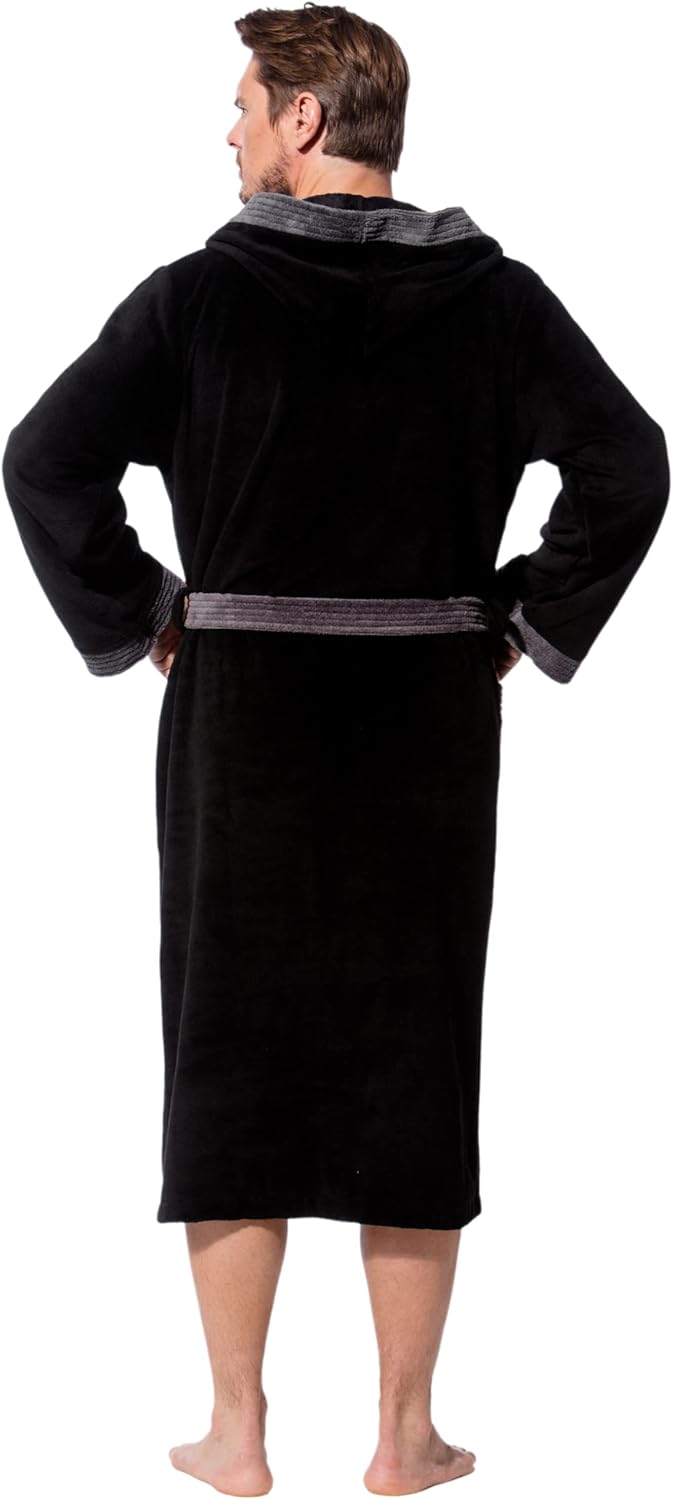 Morgenstern Bademantel Herren mit Kapuze Luxus Frottee Velours Lang M Schwarz, L
