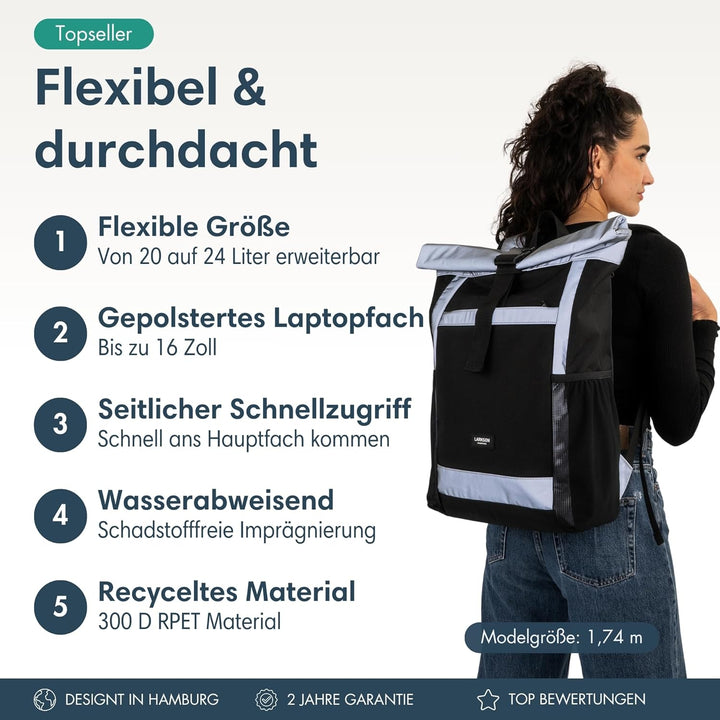 LARKSON Rolltop Rucksack Damen Gross Schwarz Reflektierend - No 2 - Daypack für Schule, Uni, Fahrrad