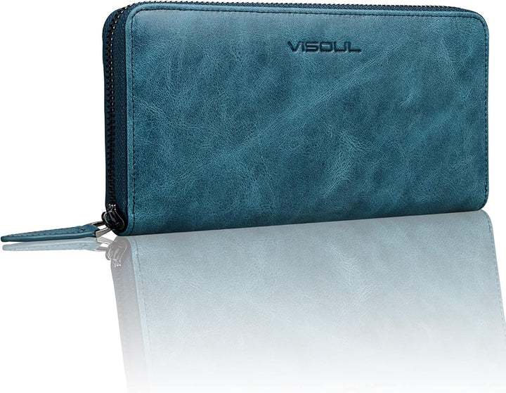 VISOUL Premium Brieftasche Echtleder/Italienisches Leder mit RFID-Schutz, XL Geldbörse für Herren Bl