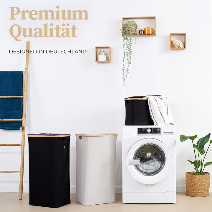 HENNEZ 100L Wäschekorb mit Deckel Schwarz - mit Wäschesack Wäschesammler schmal mit Deckel - Schwarz