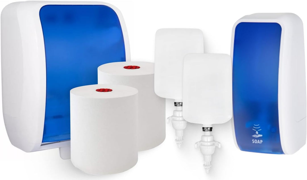 Blanc Hygienic Waschraum Set: Handtuchrollenspender AUTOCUT + 2 TAD Handtuchrollen + Schaumseifenspe