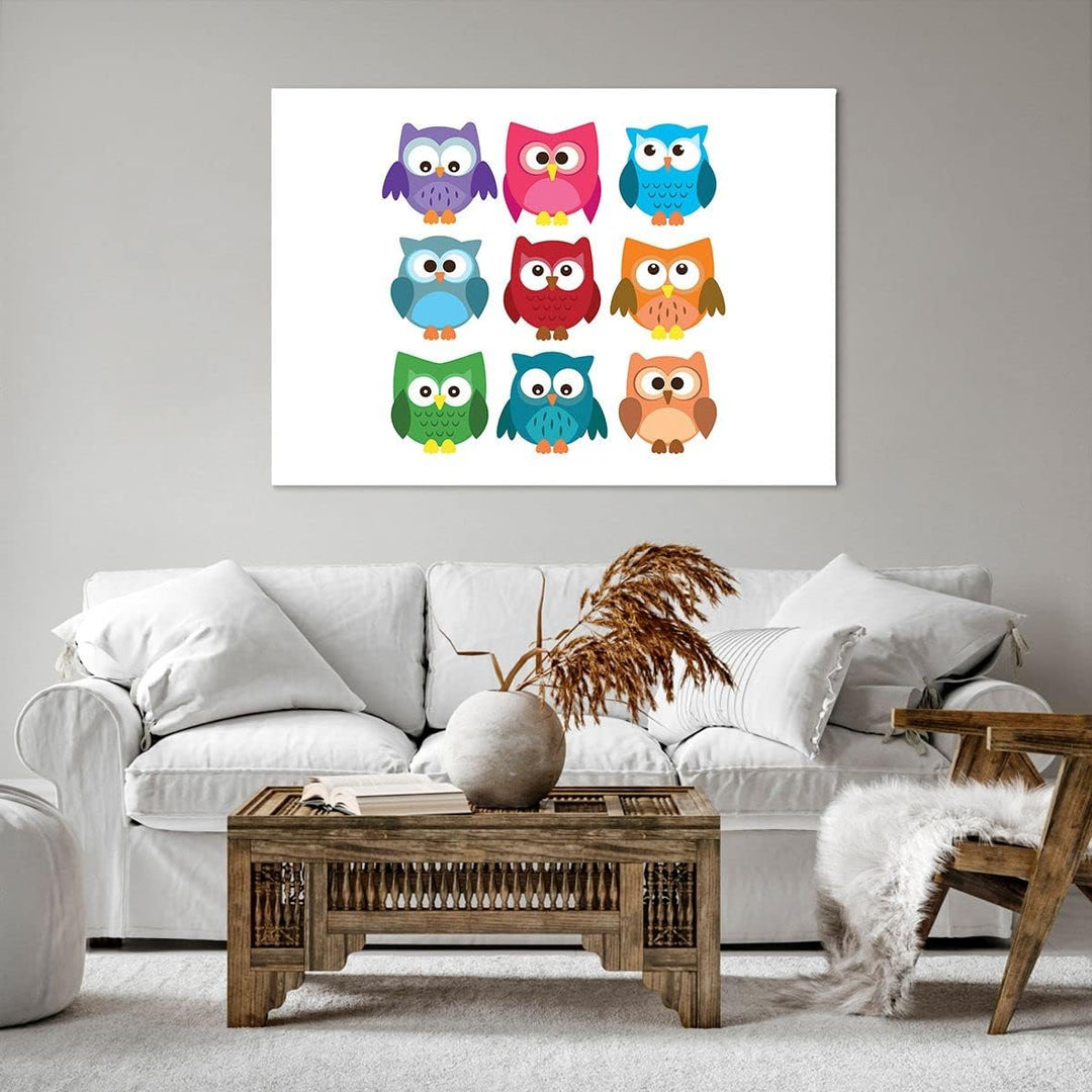 Bilder auf Leinwand 100x70cm Leinwandbild Eulen Bunt Kinder Zeichnung Gross Wanddeko Bild Schlafzimm