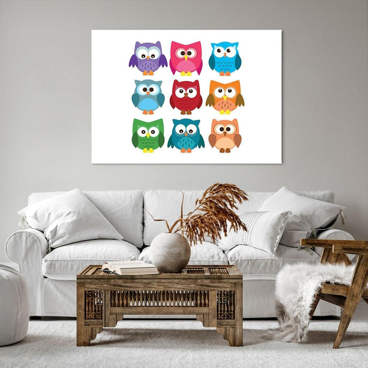 Bilder auf Leinwand 100x70cm Leinwandbild Eulen Bunt Kinder Zeichnung Gross Wanddeko Bild Schlafzimm