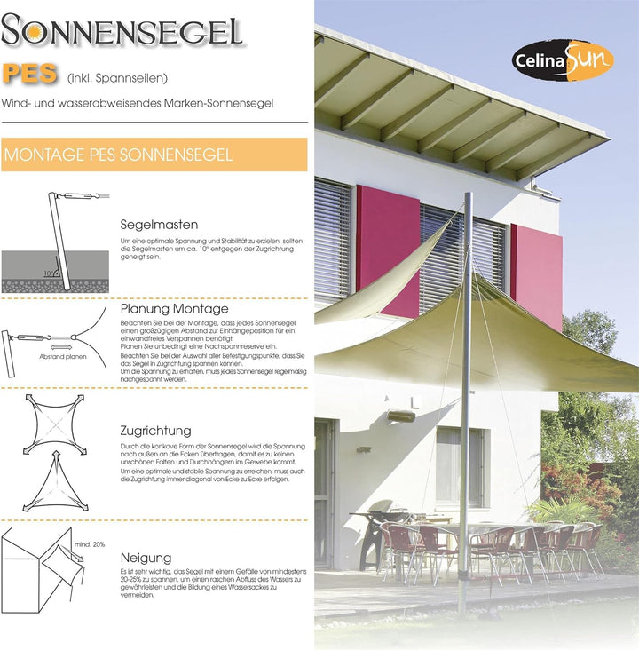 CelinaSun Sonnensegel inkl Befestigungsseile Premium PES Polyester wasserabweisend imprägniert Recht