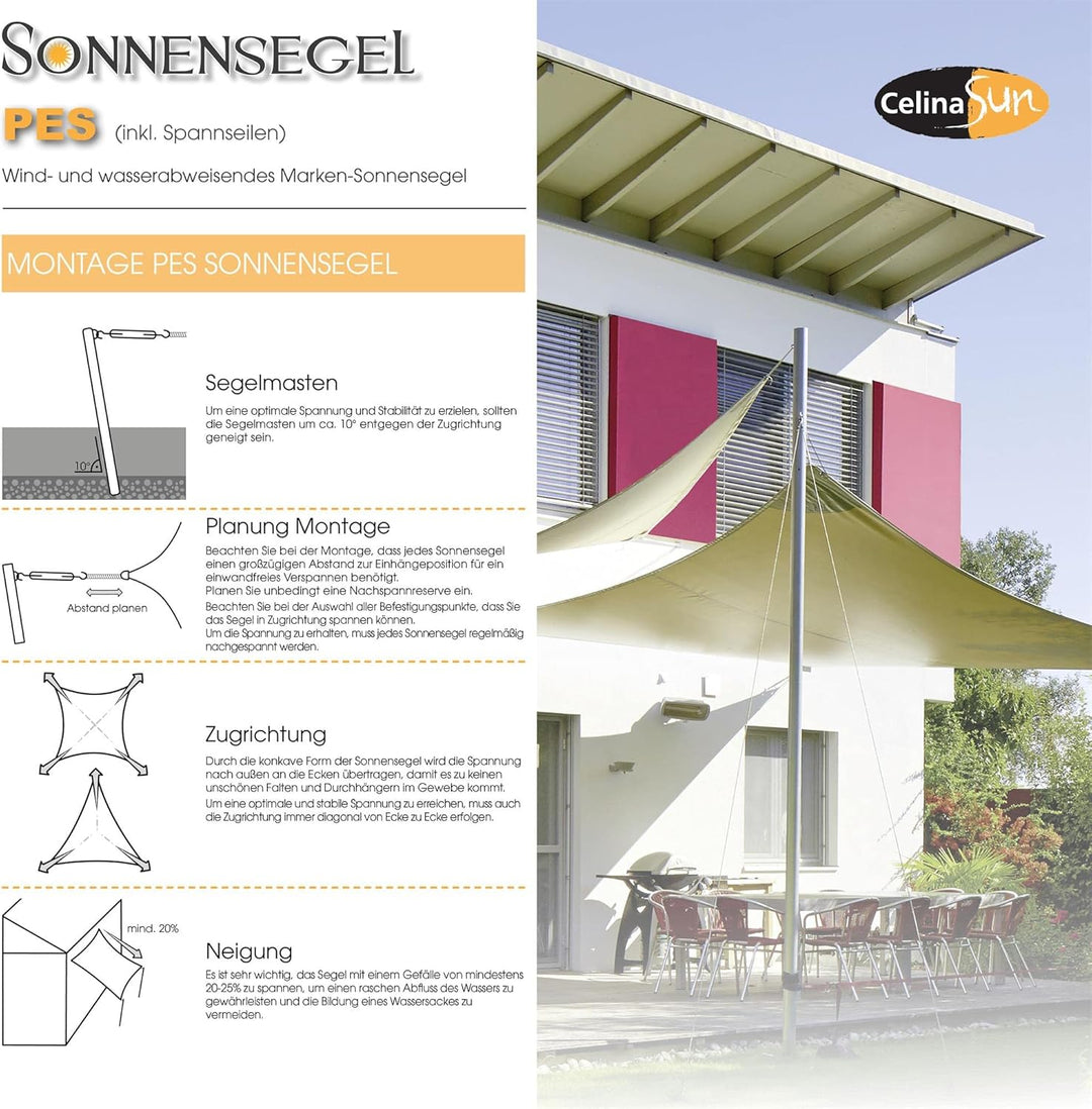 CelinaSun Sonnensegel wasserdicht inkl Befestigungsseile Premium PES wasserabweisend imprägniert Dre