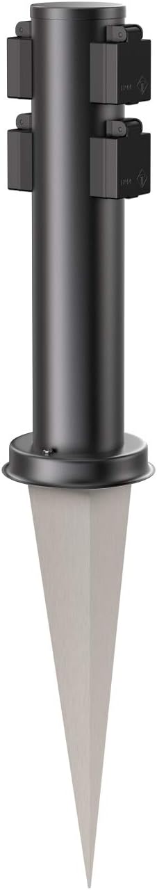 ledscom.de Garten-Steckdosen-Säule PORU mit Erdspiess für aussen, 4-Fach, Edelstahl, schwarz, rund,