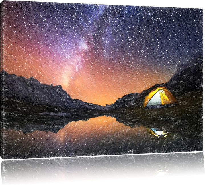 Pixxprint Zelten unter tausenden Sternen Kunst Buntstift Effekt, Format: 100x70 auf Leinwand, XXL ri