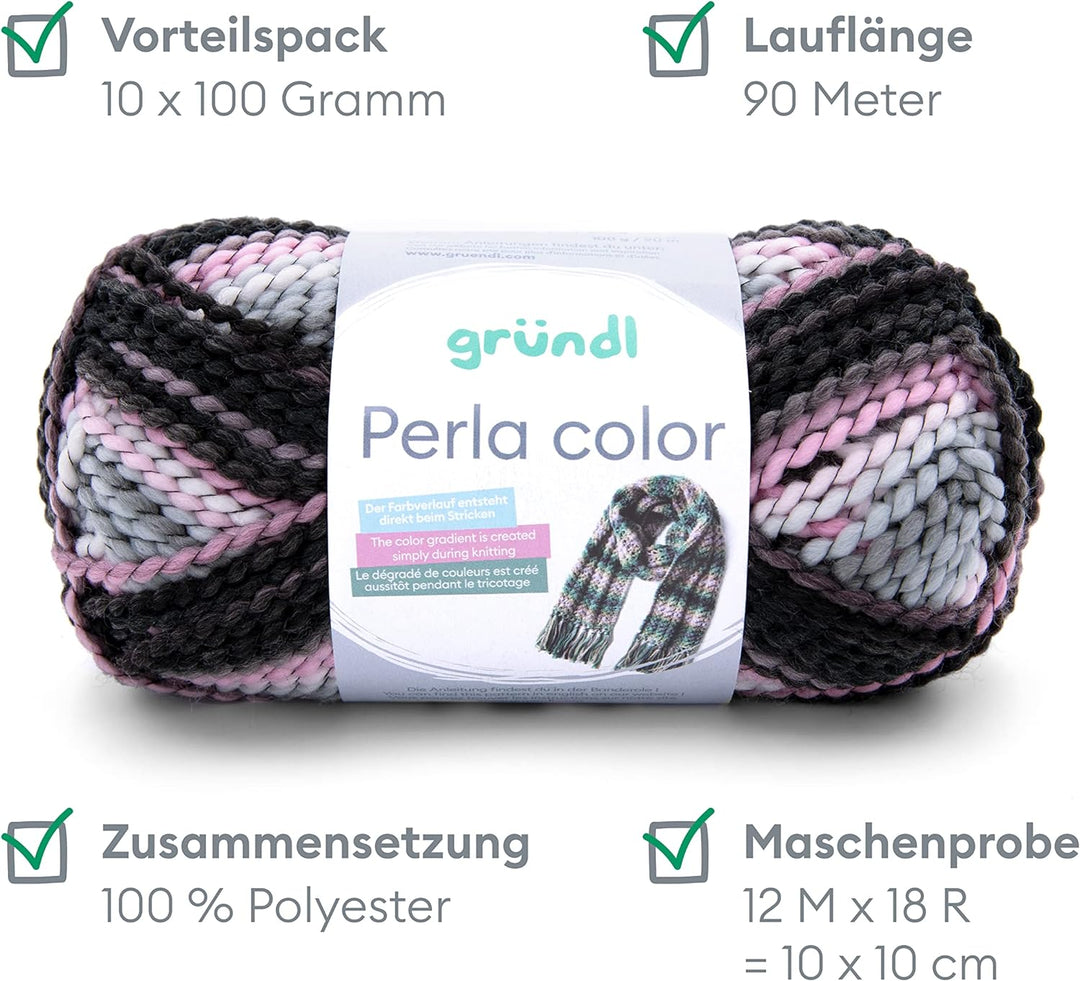 Gründl Wolle Perla color (wollähnliches Handstrickgarn aus 100% Polyester, 100 g / 90 m, Nadelstärke