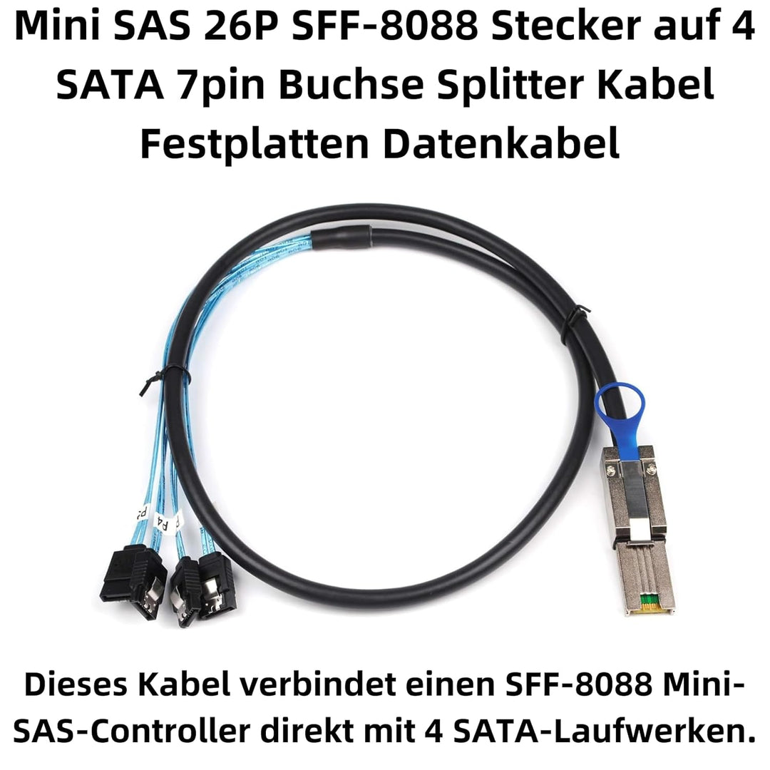Bolwins P84CS Mini SAS 26P SFF-8088 zu 4 SATA Splitter Kabel, 1m – Mini SAS auf SATA Datenkabel für