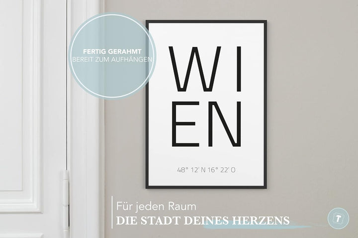 Papierschmiede® Geo Poster Koordinaten Wien, A3 Gerahmt im Holzrahmen (schwarz), Stadt Bild als Wand