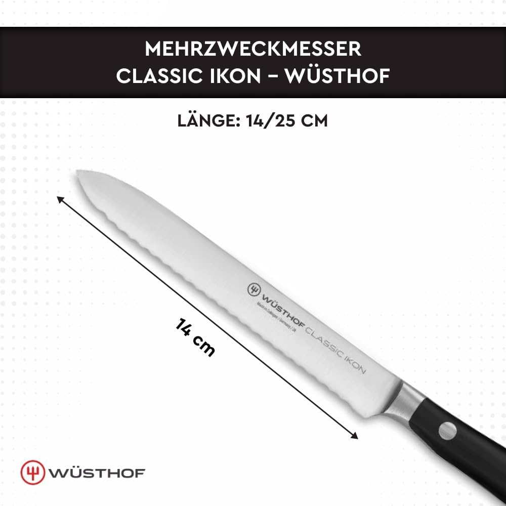 WÜSTHOF Classic Ikon Aufschnittmesser 14 cm, Schwarz 14 cm Gemüsemesser mit Wellenschliff, 14 cm Gem