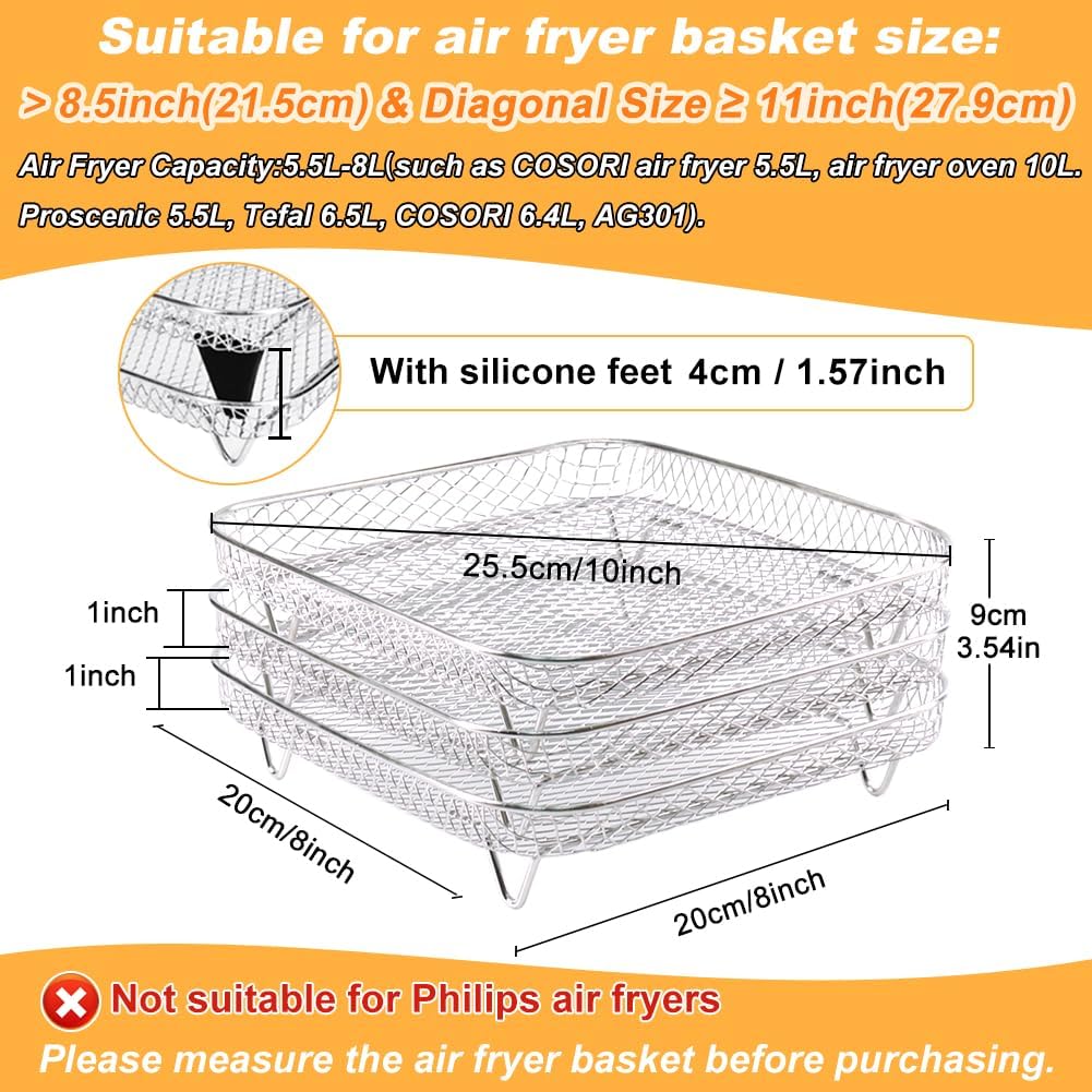Air Fryer Racks, Square Drei Schichten Stapeln 304 Edelstahl Rack, Air Fryer Korb Tray, Air Fryer Zu