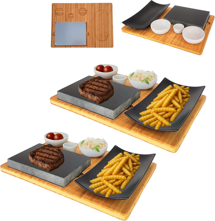 Lavastein Steakbrett 2 Sets, Servierplatte, Bambusbrett mit Hot Stone Grill, Steak Grillplatte, Stei