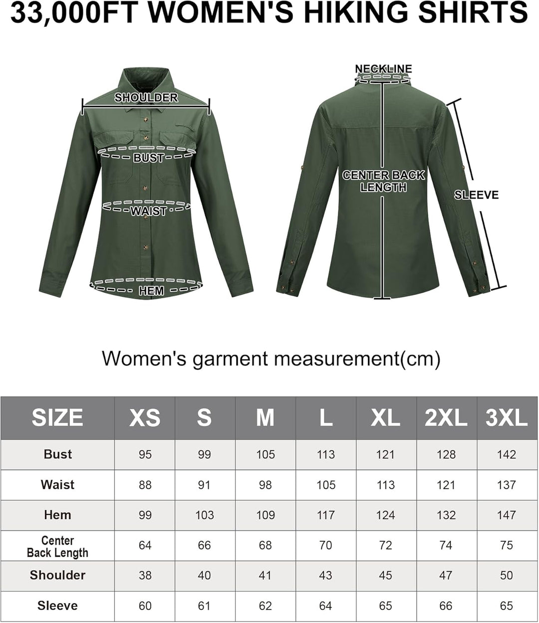 33,000ft Hemd Damen UPF50+ UV Schutz Outdoorhemd Schnelltrocknend Freizeithemd Langarm Funktionshemd