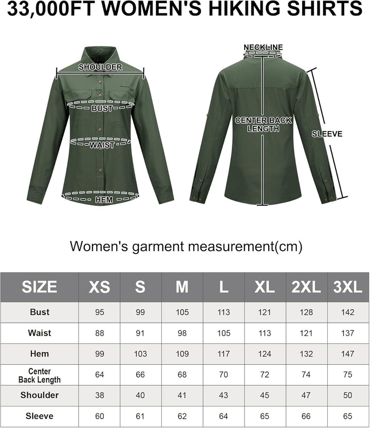 33,000ft Hemd Damen UPF50+ UV Schutz Outdoorhemd Schnelltrocknend Freizeithemd Langarm Funktionshemd