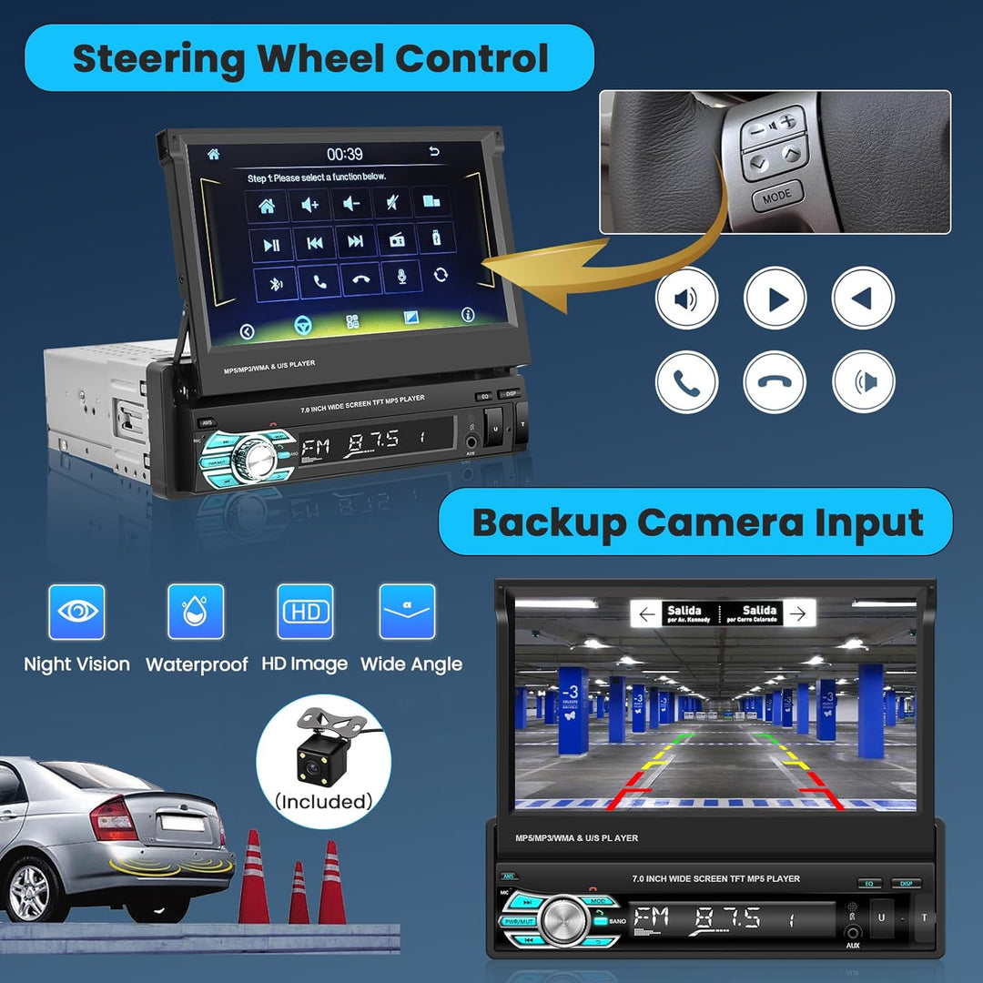 Autoradio Carplay 1 DIN Android Auto Bluetooth 1 Din Autoradio mit 7 Zoll Bildschirm Ausfahrbarem Di