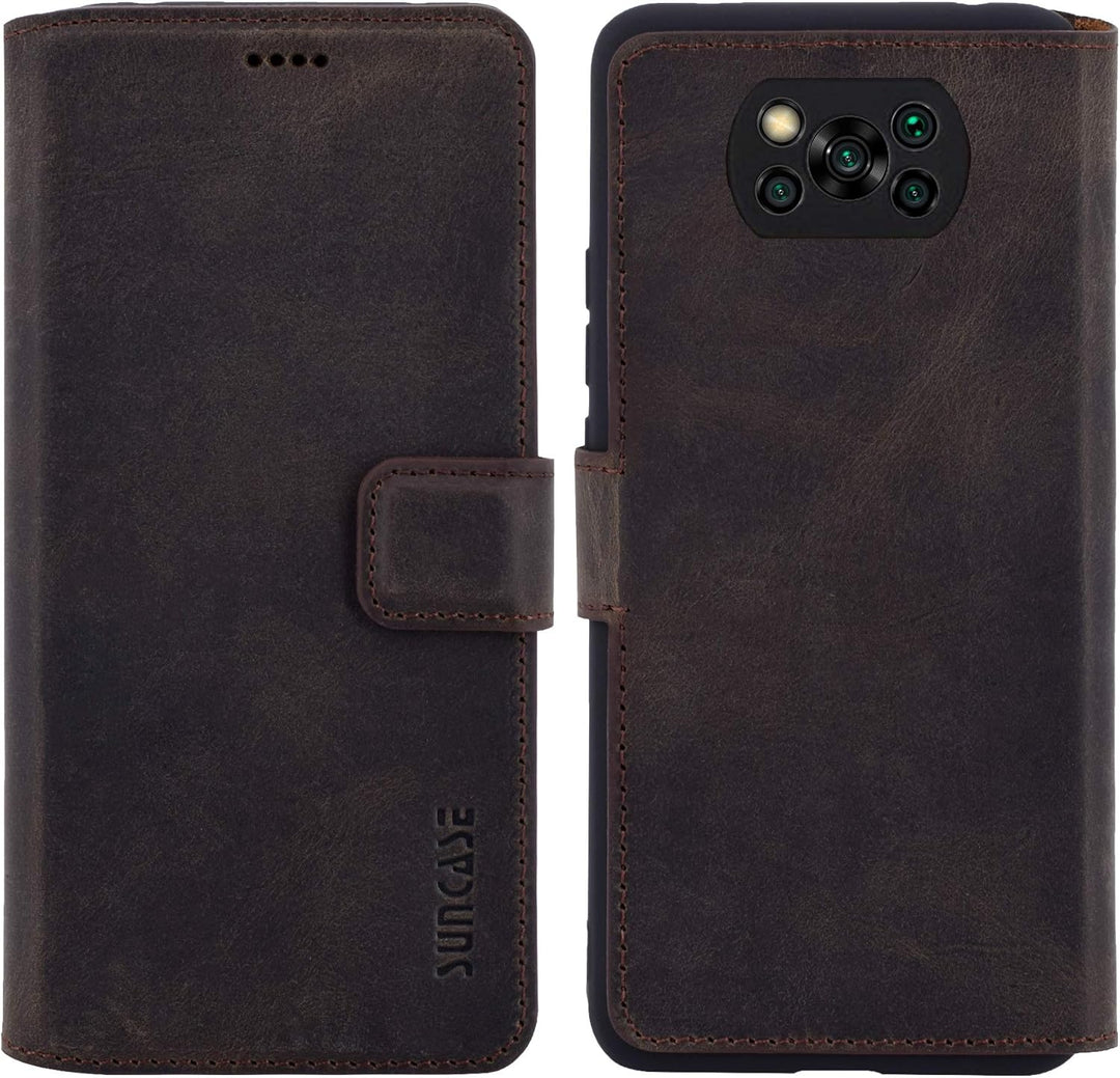 Suncase Book-Style Hülle kompatibel mit Xiaomi Poco X3 NFC Leder Tasche (Slim-Fit) Lederhülle Handyt
